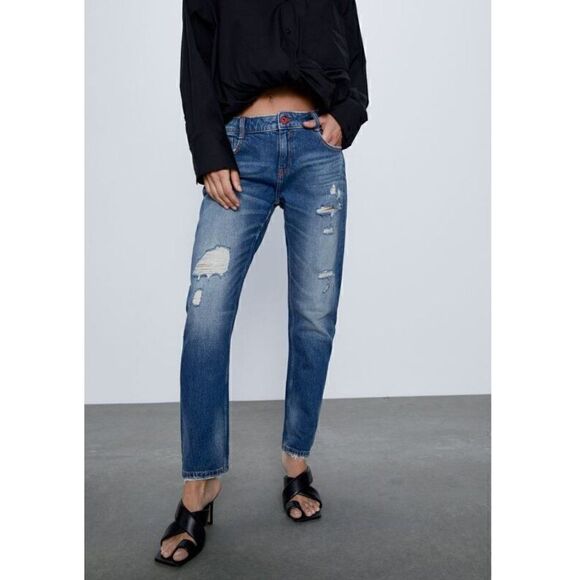 Zara Basic Z1975 Boyfriend Relaxed Fit Frayed Hem Blue Denim Jeans - Picture 14 of 14